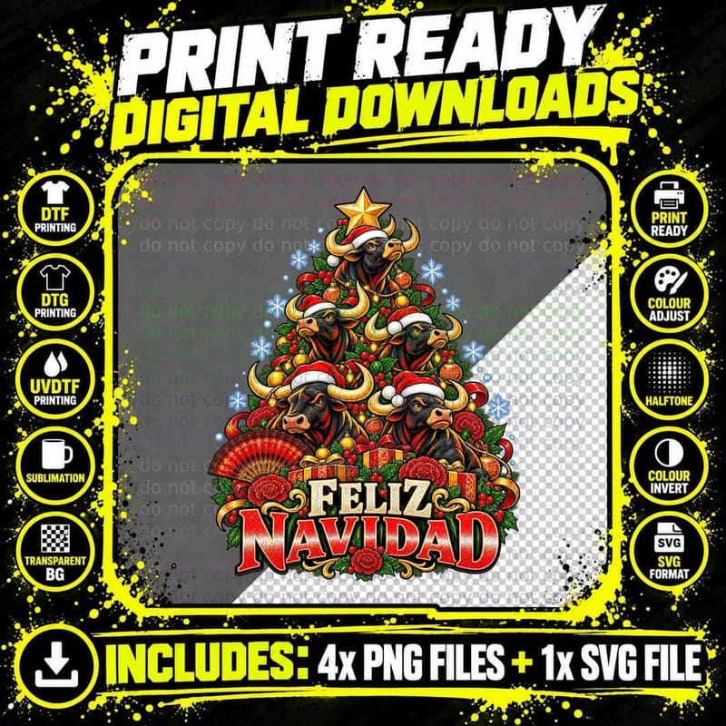 Spanish Bull Christmas Tree Feliz Navidad Santa Hat Png SVG Digital Bundle