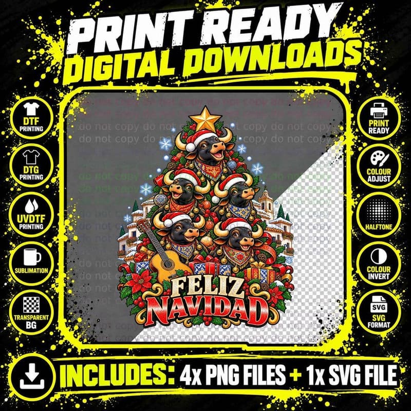 Spanish Festive Bull Christmas Tree Feliz Navidad Png SVG Digital Bundle