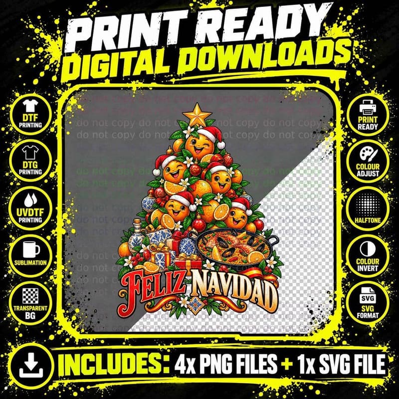 Spanish Orange Christmas Tree Feliz Navidad Paella Png SVG Digital Bundle