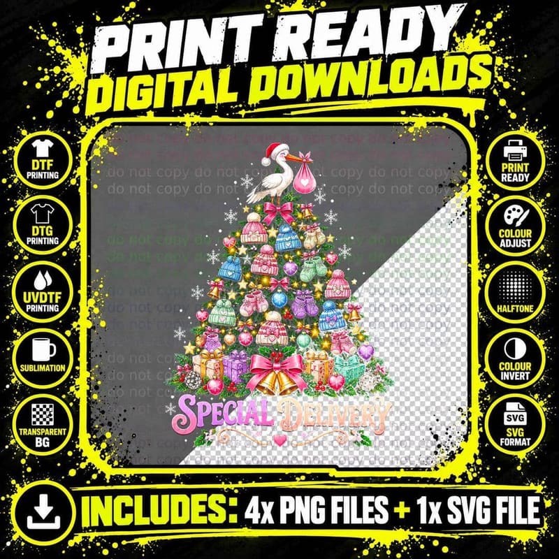 Special Delivery Christmas Tree Stork Baby Clothes Png SVG Digital Bundle