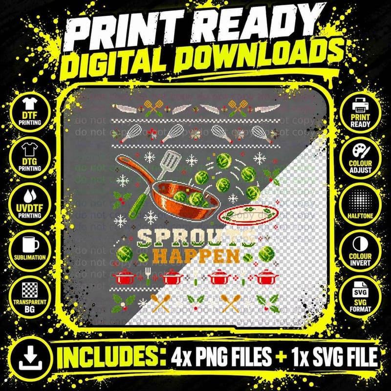 Sprouts Happen Frying Pan Brussels Sprouts Christmas Png SVG Digital Bundle