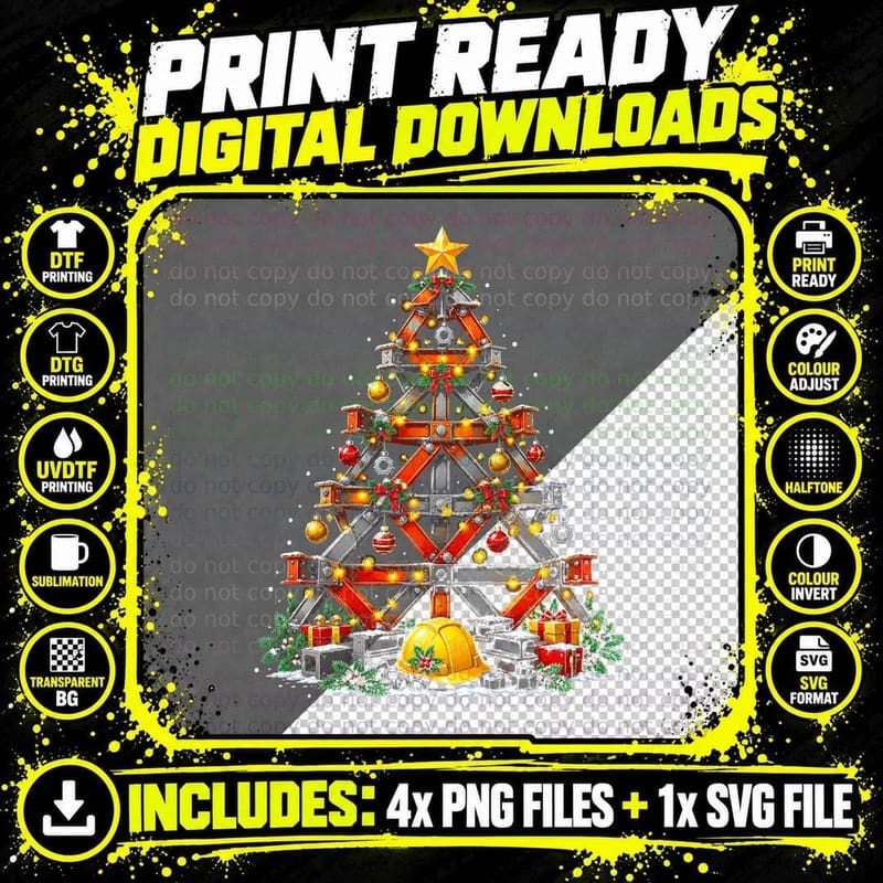 Steel Girder Christmas Tree Builder Construction Worker Png SVG Digital Bundle