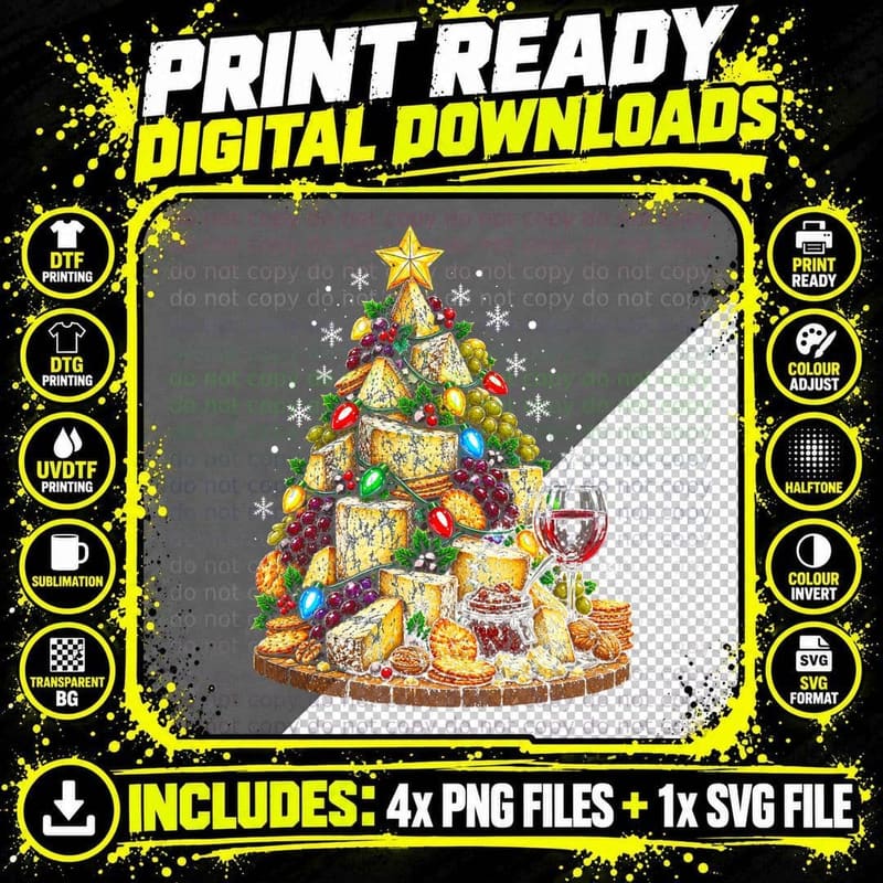 Stilton Cheese Christmas Tree Cheeseboard Grapes Port Png SVG Digital Bundle