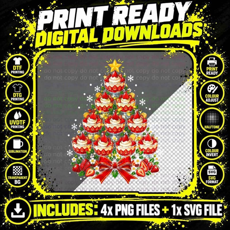 Strawberries And Cream Christmas British Dessert Cartoon Png SVG Digital Bundle