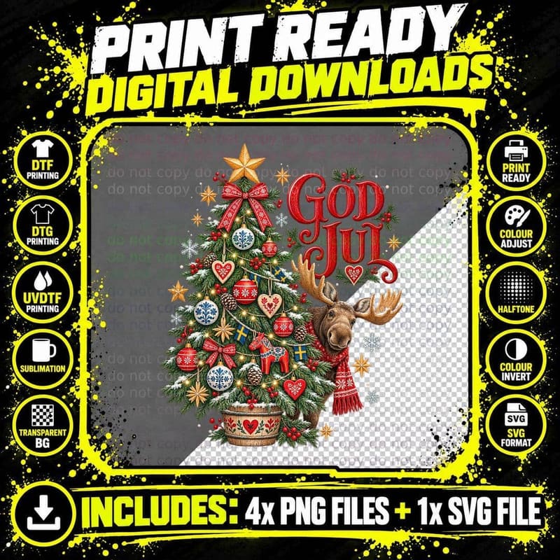 Swedish Moose Christmas Watercolour God Jul Scandinavian Png SVG Digital Bundle