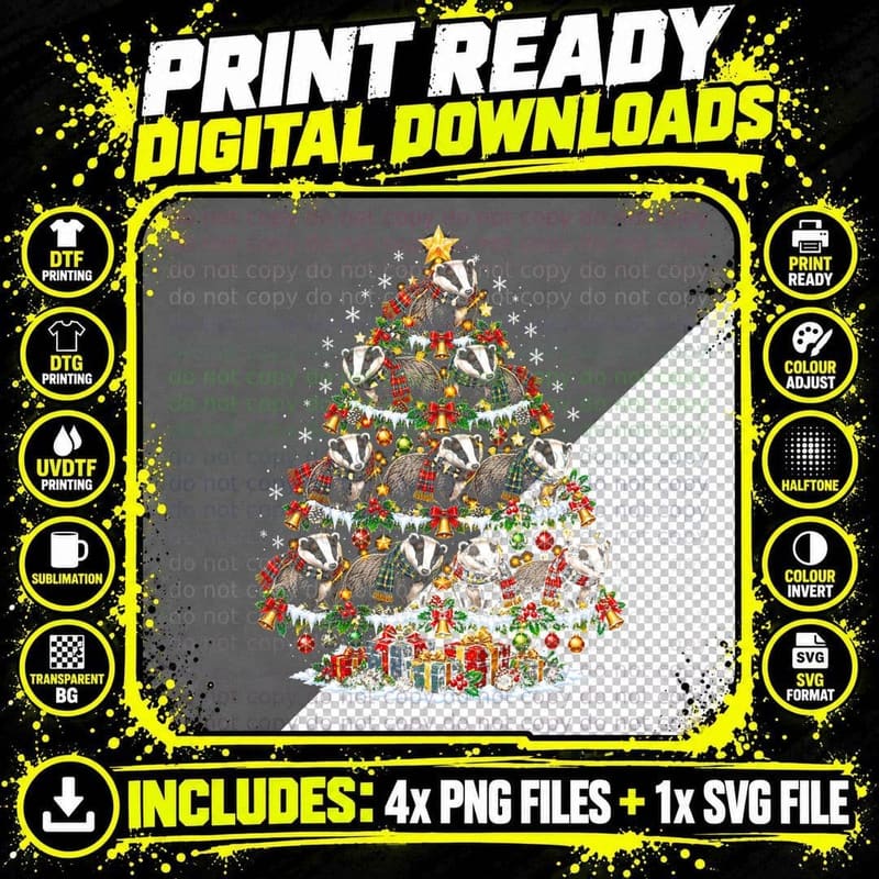Tartan Badger Christmas Tree Cute Badgers Tartan Ribbon Png SVG Digital Bundle