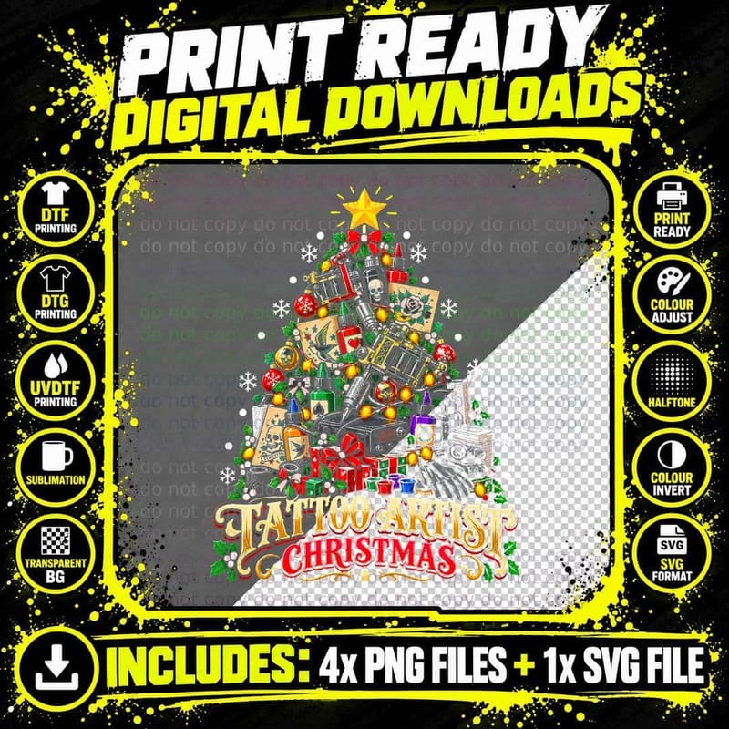 Tattoo Artist Christmas Tree Tattoo Machines Ink Funny Png SVG Digital Bundle