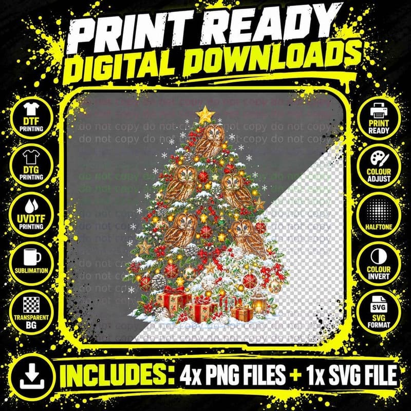 Tawny Owl Christmas Tree Cute Owls Woodland Bird Lover Png SVG Digital Bundle