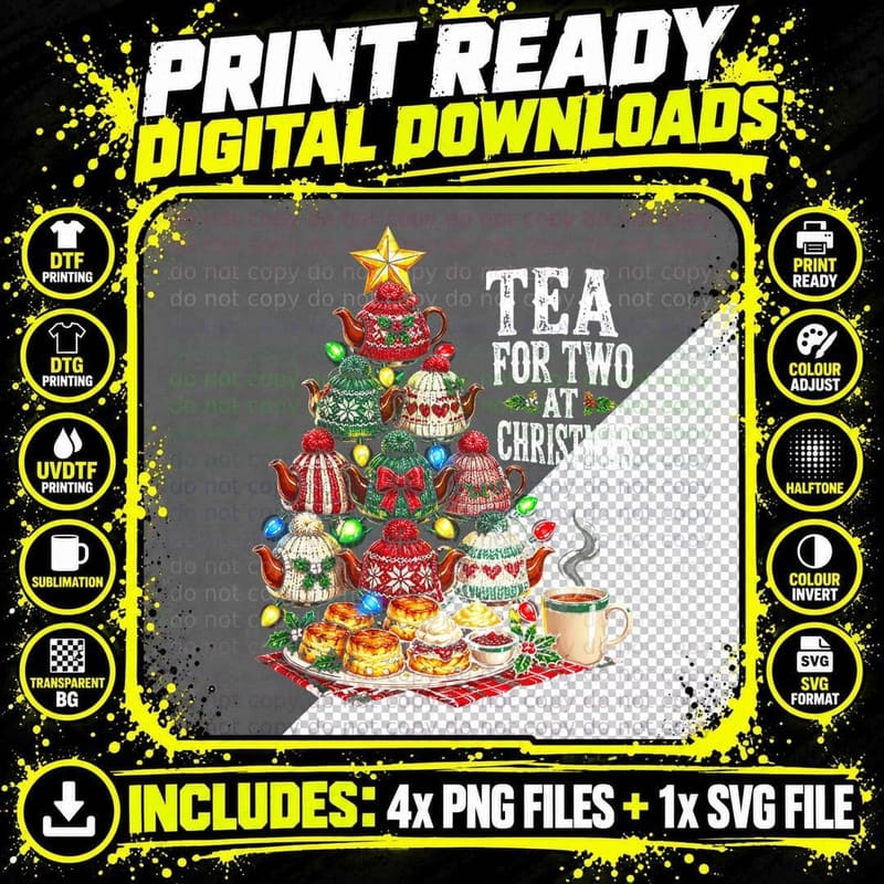 Tea For Two At Christmas Vintage Tea Lovers Retro Png SVG Digital Bundle