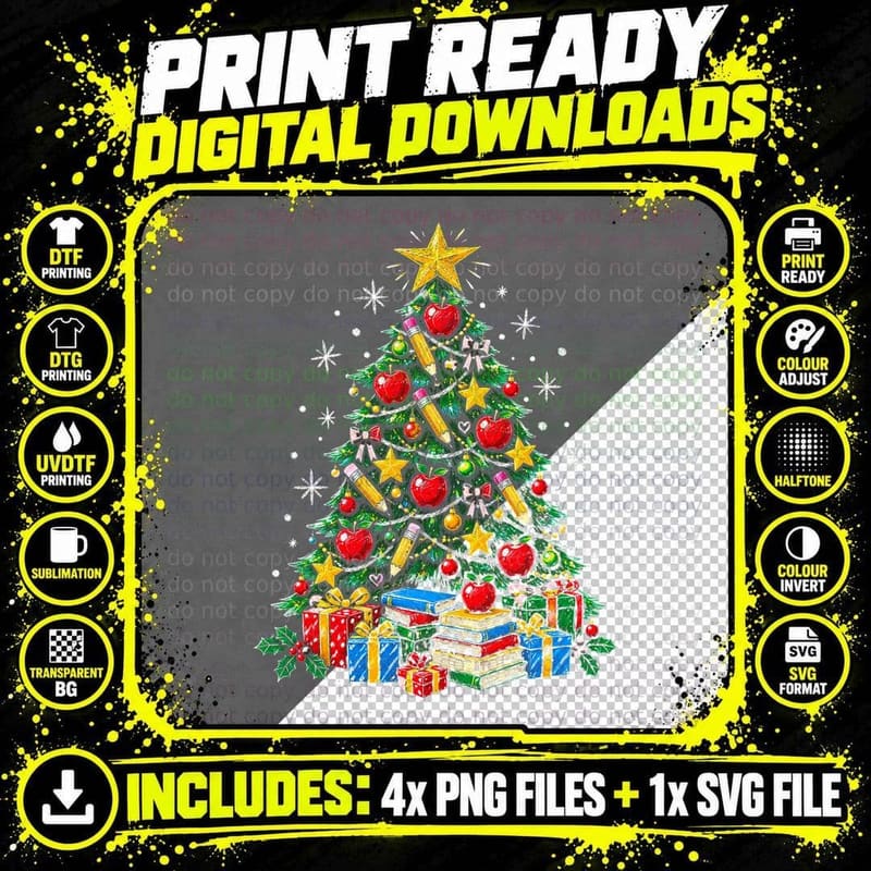 Teacher Chalkboard Christmas Tree Apples Pencils Books Png SVG Digital Bundle