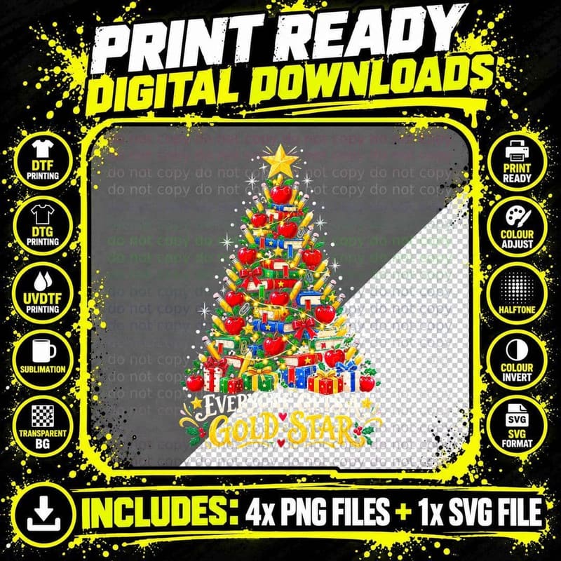 Teacher Christmas Tree Everyone Gets a Gold Star Apples Png SVG Digital Bundle