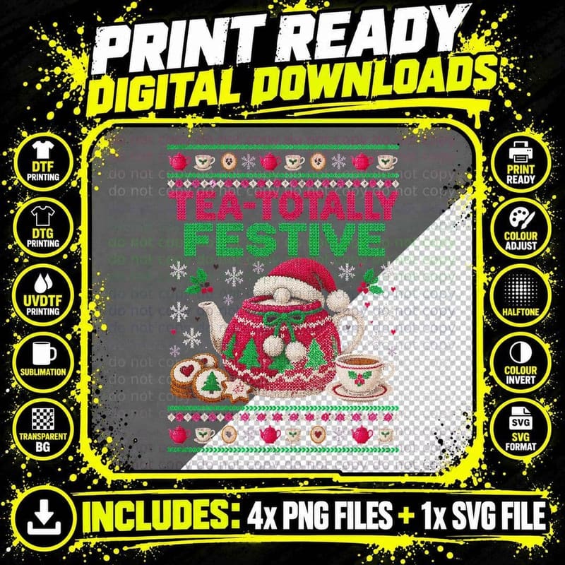 Teapot Ugly Christmas Sweater Tea Lover Festive Holiday Png SVG Digital Bundle