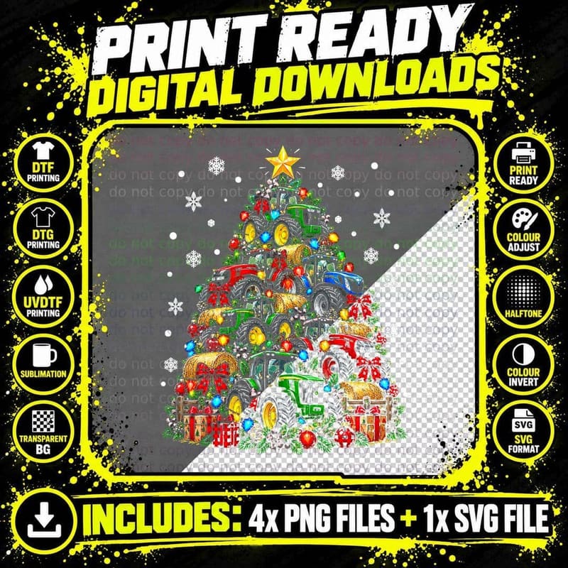 Tractor Christmas Tree Green Tractors Hay Bales Farmer Png SVG Digital Bundle
