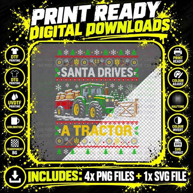 Tractor Christmas Ugly Sweater Farmer Farming Rural Png SVG Digital Bundle