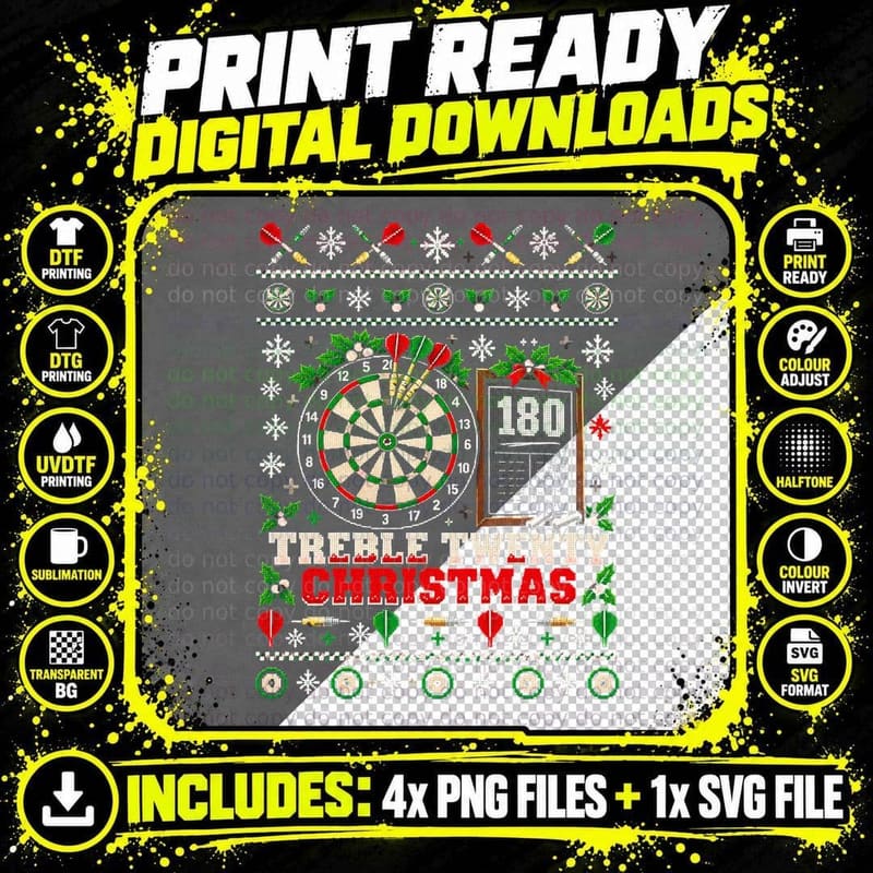 Treble Twenty Christmas Dartboard 180 Darts Ugly Sweater Png SVG Digital Bundle