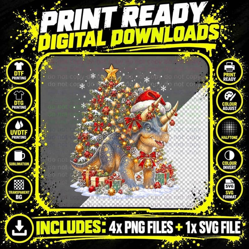 Triceratops Christmas Dinosaur Santa Hat Horn Baubles Png SVG Digital Bundle