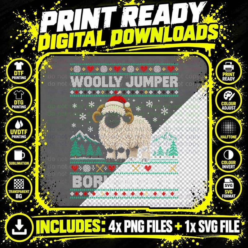 Valais Blacknose Sheep Ugly Sweater Christmas Woolly Png SVG Digital Bundle