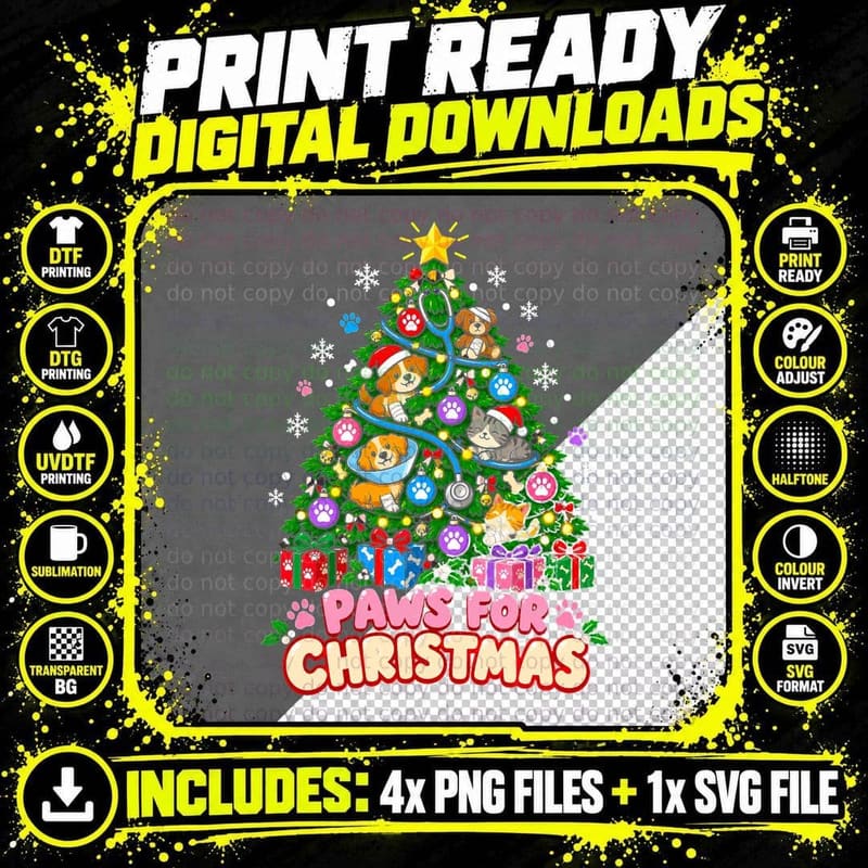 Veterinary Christmas Tree Paws For Christmas Vet Nurse Png SVG Digital Bundle