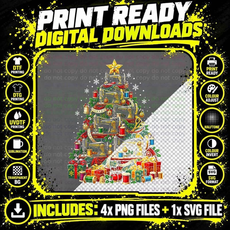 Vintage Stitchmas Sewing Machine Christmas Tree Retro Png SVG Digital Bundle