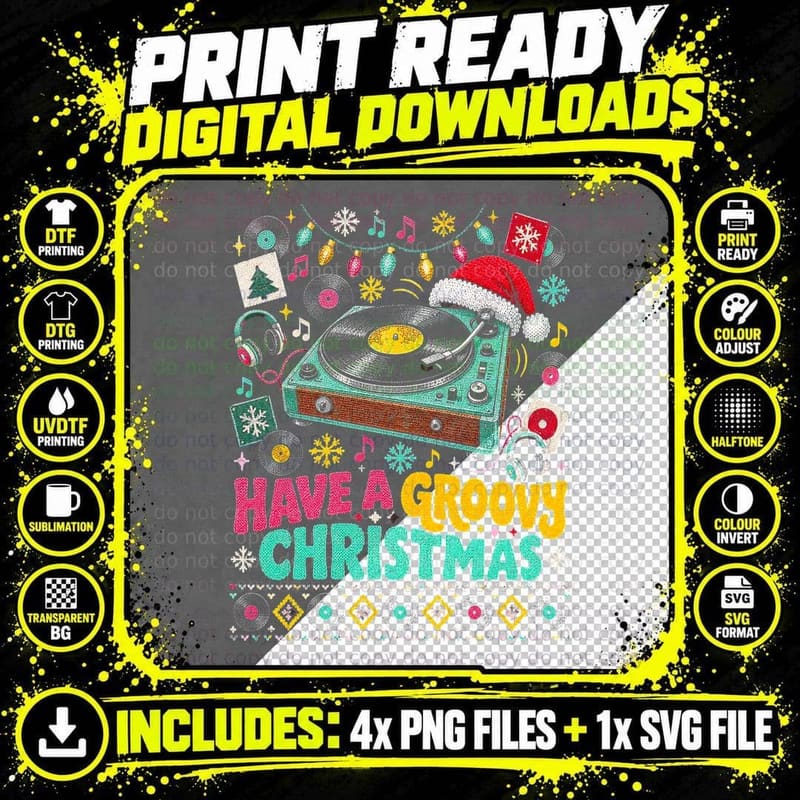 Vinyl Record Christmas Ugly Sweater Retro Turntable Png SVG Digital Bundle