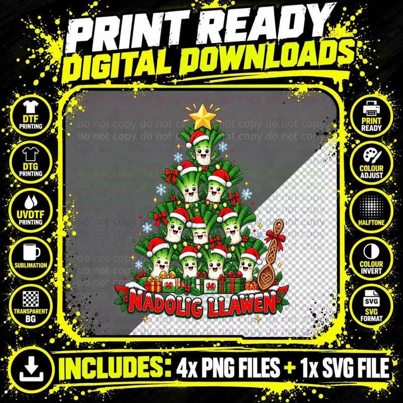 Welsh Leek Christmas Tree Nadolig Llawen Funny Cute Png SVG Digital Bundle