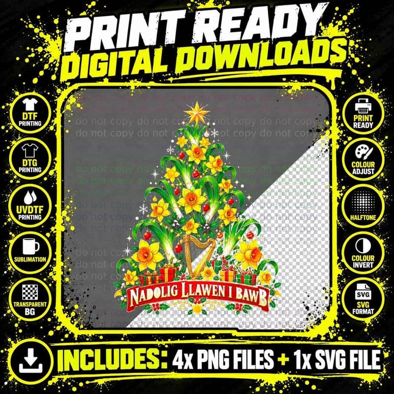 Welsh Leek and Daffodil Christmas Tree Nadolig Llawen I Png SVG Digital Bundle
