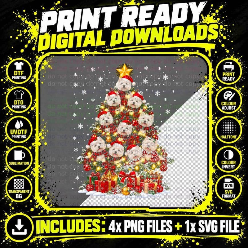 Westie Christmas Tree Tartan Scarves Santa Hats Dog Png SVG Digital Bundle