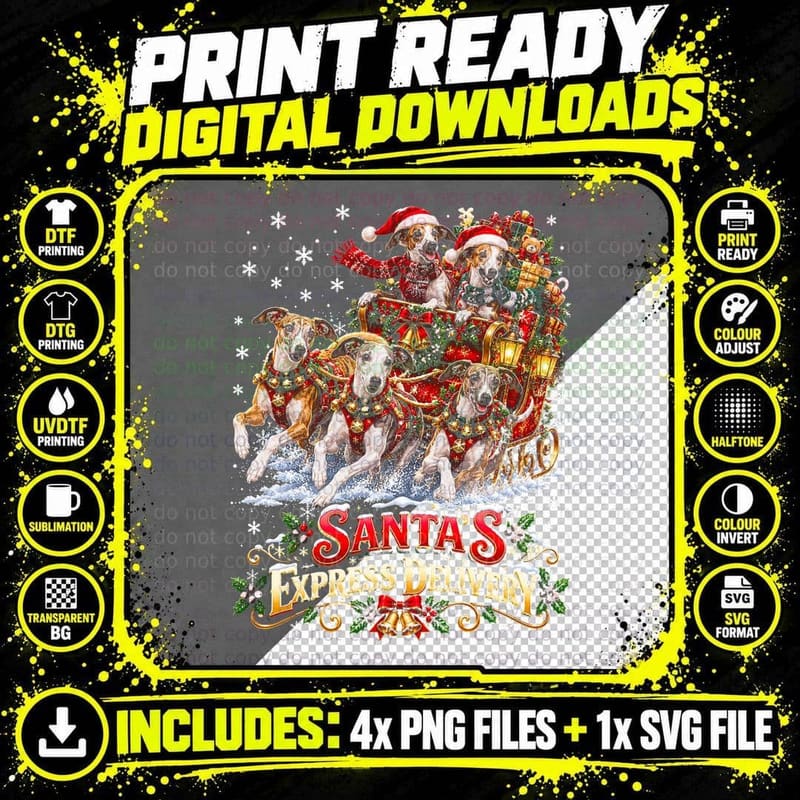 Whippet Santa's Express Delivery Sleigh Christmas Dog Png SVG Digital Bundle