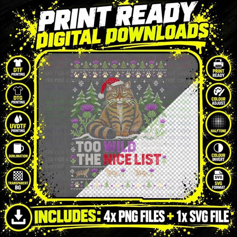 Wildcat Too Wild For The Nice List Christmas Ugly Png SVG Digital Bundle