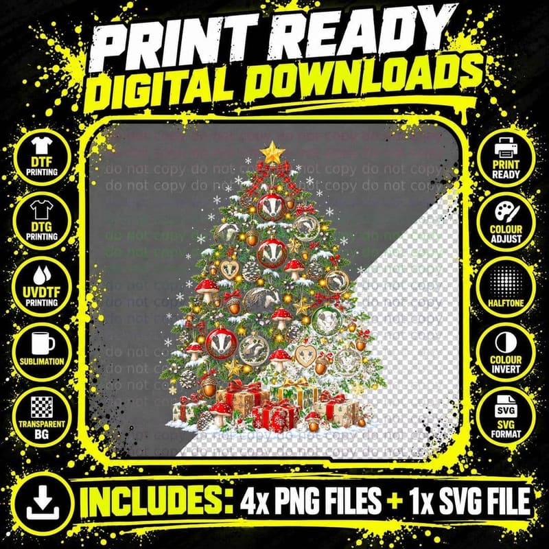 Woodland Badger Bauble Christmas Tree Toadstools Cute Png SVG Digital Bundle