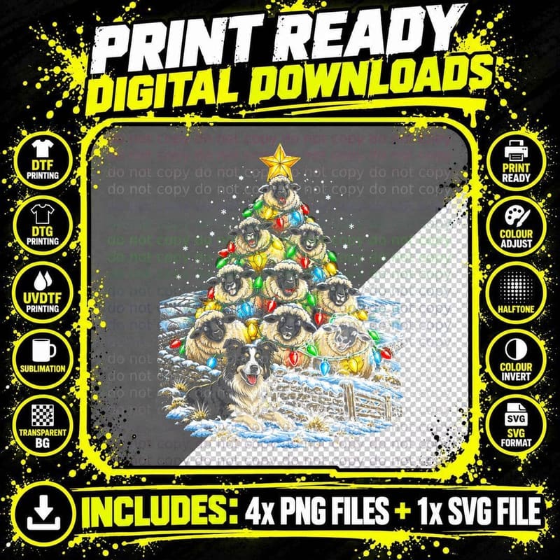 Yorkshire Hillside Sheep Christmas Tree Sheepdog Snowy Png SVG Digital Bundle