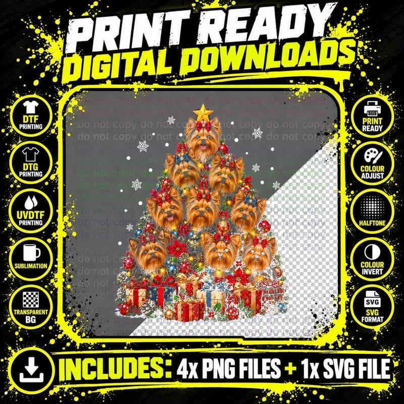 Yorkshire Terrier Christmas Tree Bows Yorkie Dog Lover Png SVG Digital Bundle