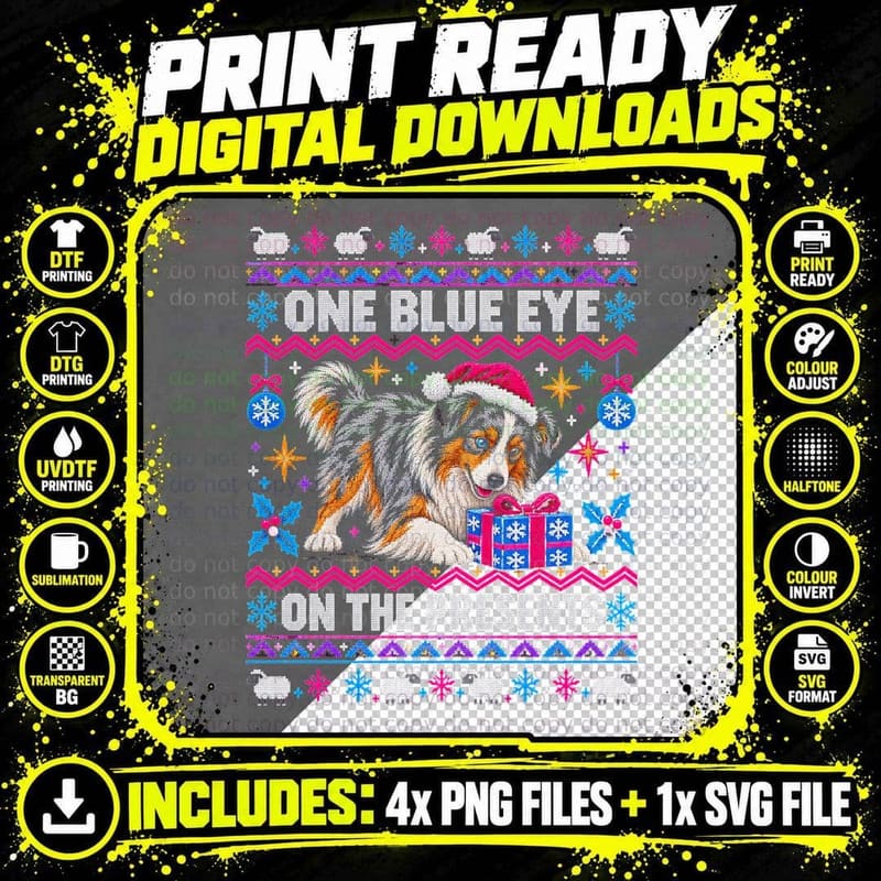 Australian Shepherd One Blue Eye Christmas Ugly Sweater Png SVG Digital Bundle