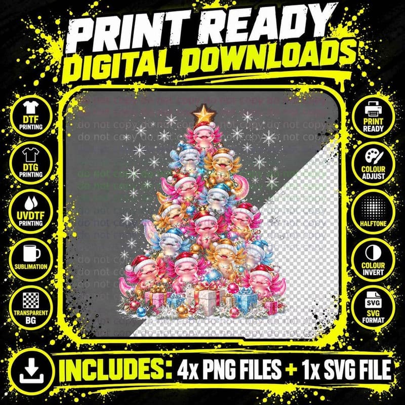 Axolotl Christmas Tree Tee, Pastel Santa Hat Cute Pink Png SVG Digital Bundle