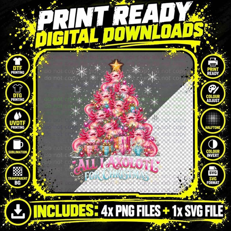 Axolotl Christmas Tree, All I Axolotl For Christmas Png SVG Digital Bundle