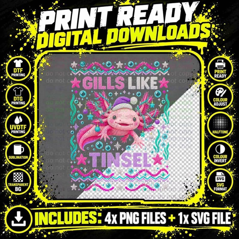 Axolotl Gills Like Tinsel Funny Christmas Ugly Sweater Png SVG Digital Bundle