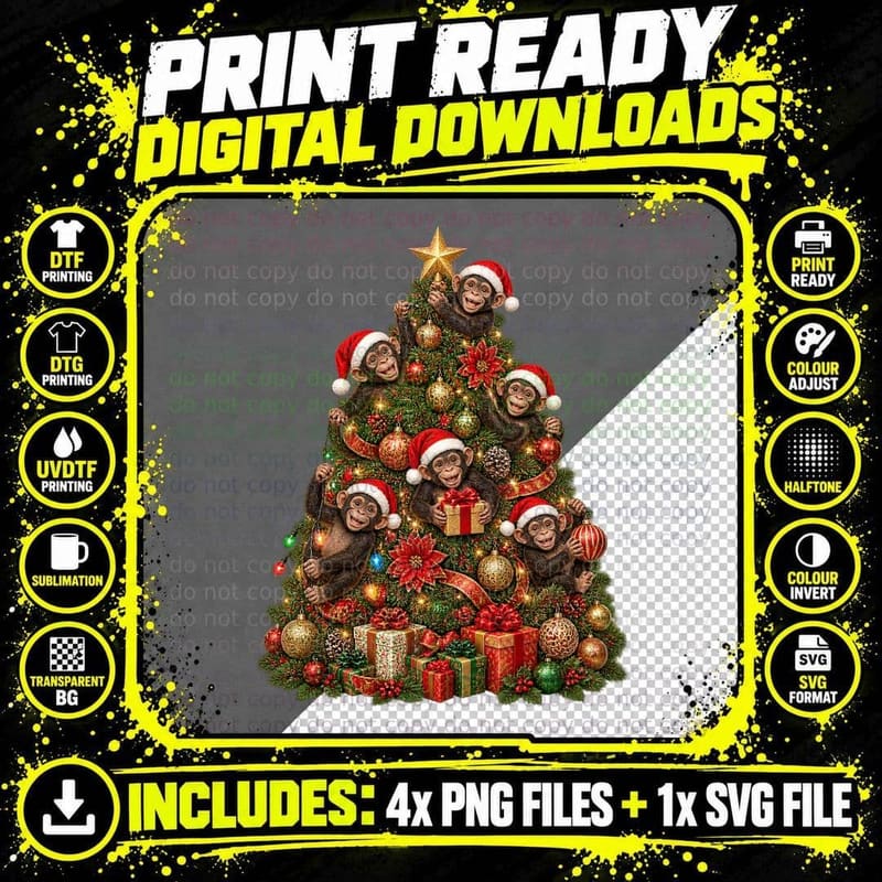 Baby Chimpanzee Christmas Tree Santa Hats Cute Monkey Png SVG Digital Bundle
