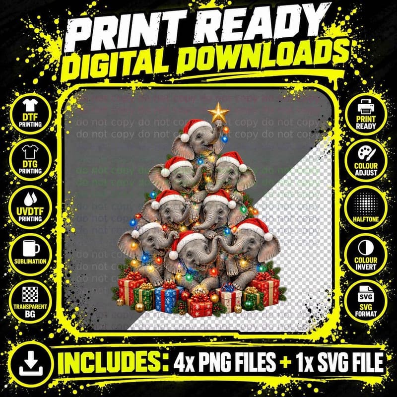 Baby Elephant Christmas Tree Santa Hat Cute Animal Png SVG Digital Bundle