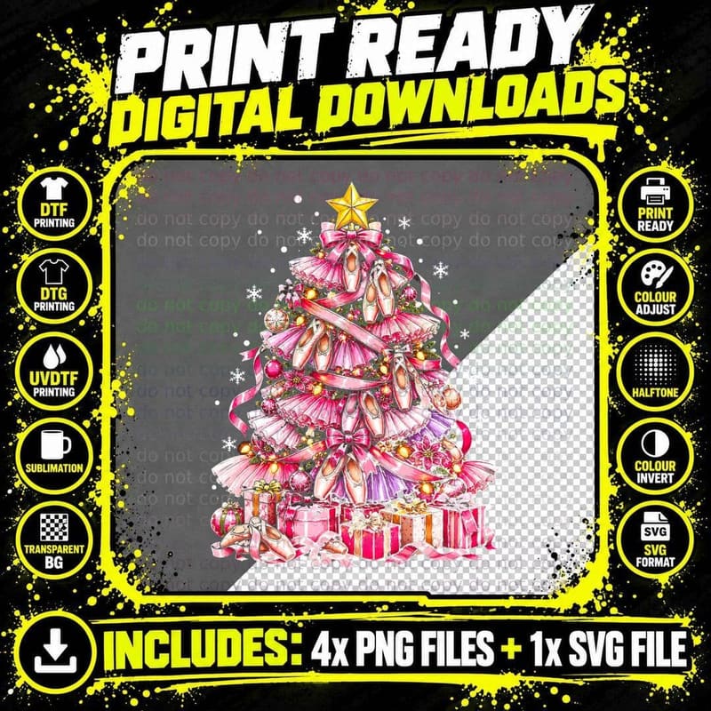 Ballet Christmas Tree Pink Ballet Shoes Tutu Dancer Png SVG Digital Bundle