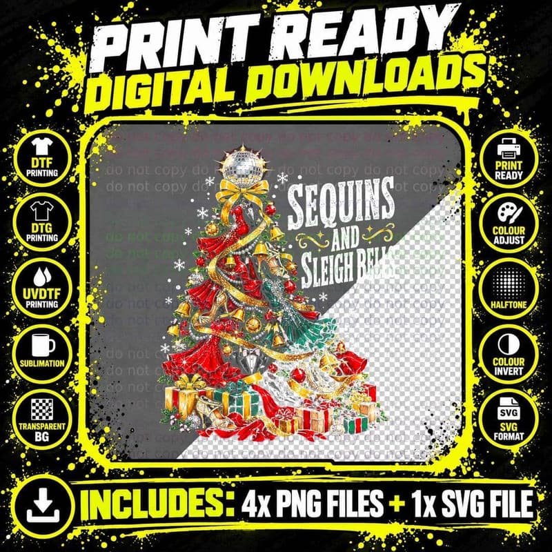 Ballroom Christmas Tree Sequins and Sleigh Bells Dancer Png SVG Digital Bundle
