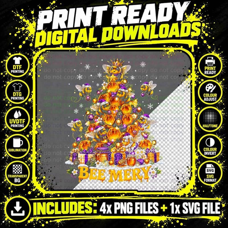 Bee Christmas Tree Bee Merry Honeycomb Christmas Png SVG Digital Bundle