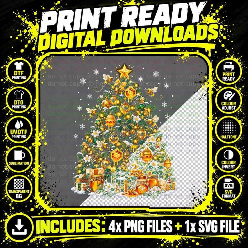 Bee Christmas Tree Golden Honey Wonderland Honeybee Png SVG Digital Bundle