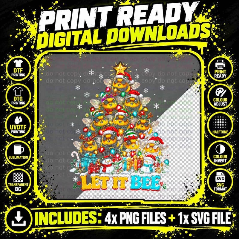Bee Christmas Tree Let It Bee Cute Honeybees Santa Hats Png SVG Digital Bundle