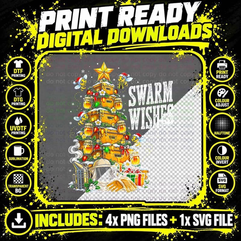Beekeeping Christmas Tree Swarm Wishes Honey Jars Png SVG Digital Bundle