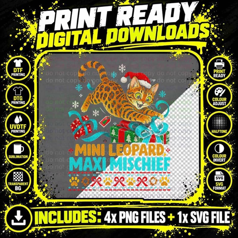 Bengal Cat Christmas Ugly Sweater Mini Leopard Funny Cat Png SVG Digital Bundle