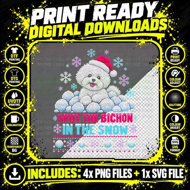 Bichon Frise Christmas Ugly Sweater Santa Hat Snowballs Png SVG Digital Bundle