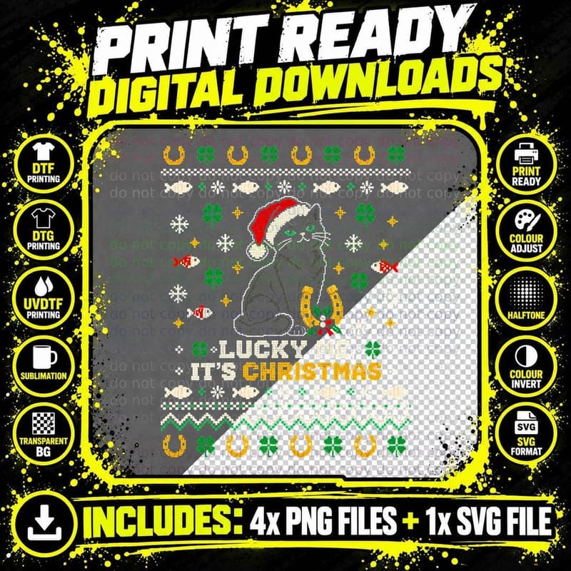 Black Cat Lucky Me Christmas Ugly Sweater Funny Cat Png SVG Digital Bundle