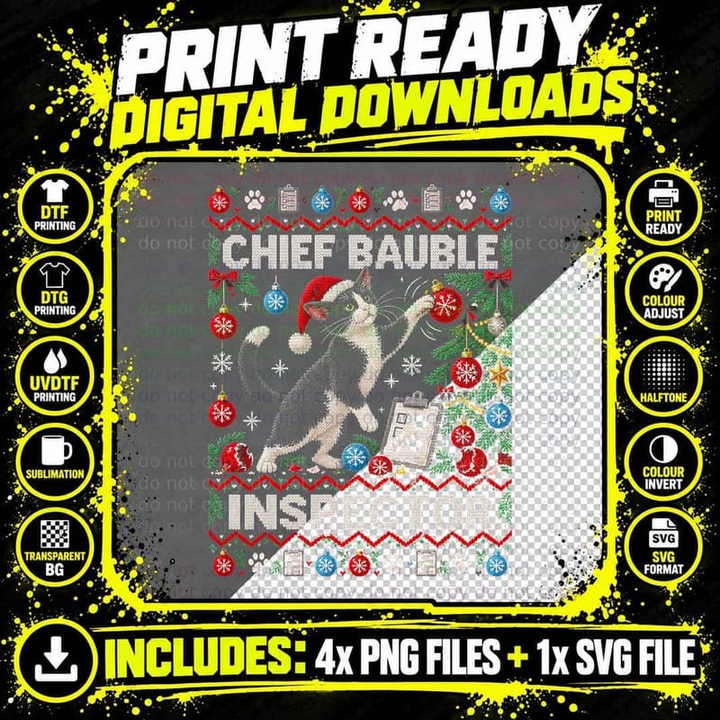 Black and White Cat Christmas Ugly Sweater Bauble Png SVG Digital Bundle