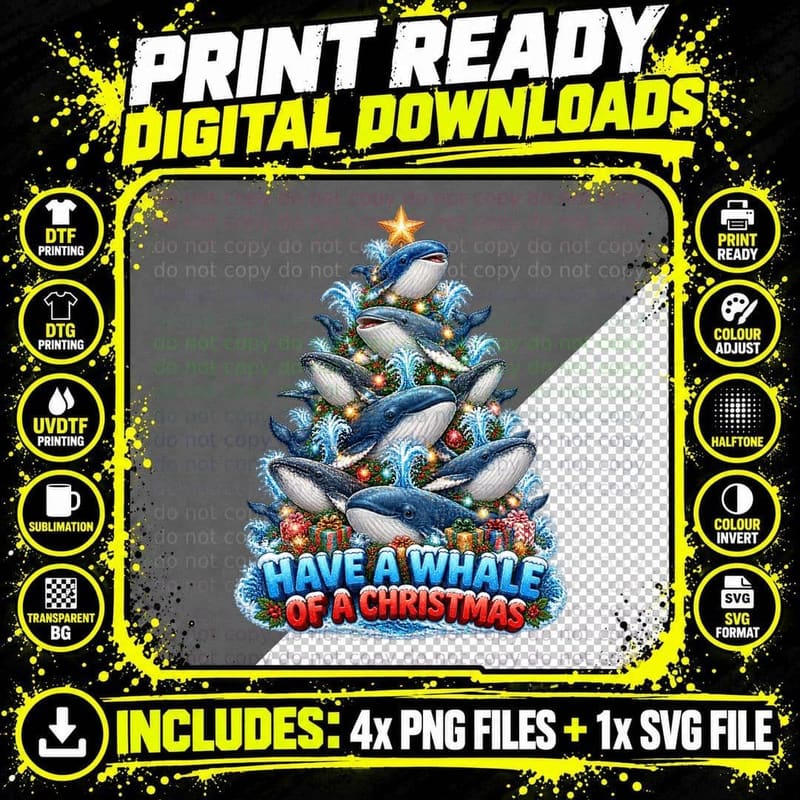 Blue Whale Humpback Christmas Tree Cute Ocean Animal Png SVG Digital Bundle