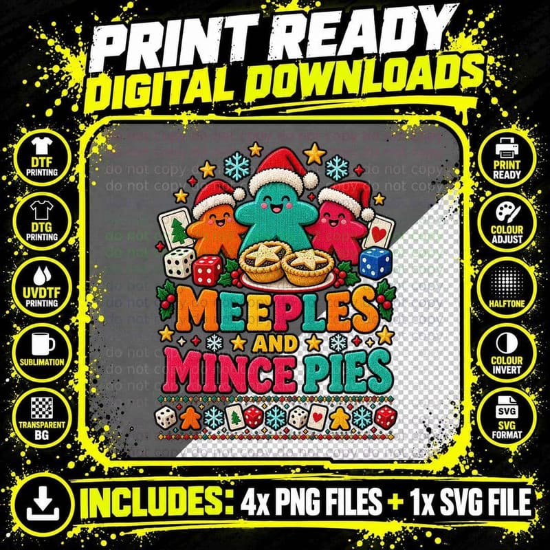 Board Game Christmas Ugly Sweater Meeples Mince Pies Png SVG Digital Bundle